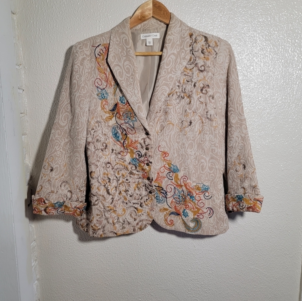 Coldwater Creek Linen Embroidered Snap Blazer sz 12 Cream Artsy Boho Earthy Folk